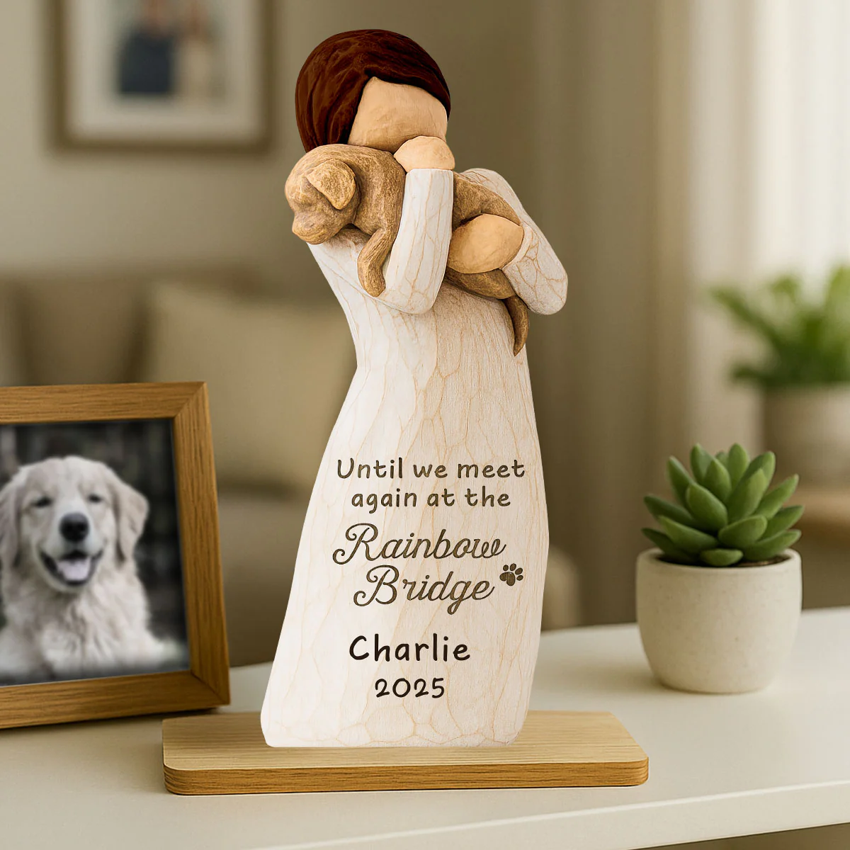 Until We Meet At Rainbow Bridge Woman & Dog 3D Effect Personalized Standing Wooden Plaque, Memorial Sympathy Gift - Image 2