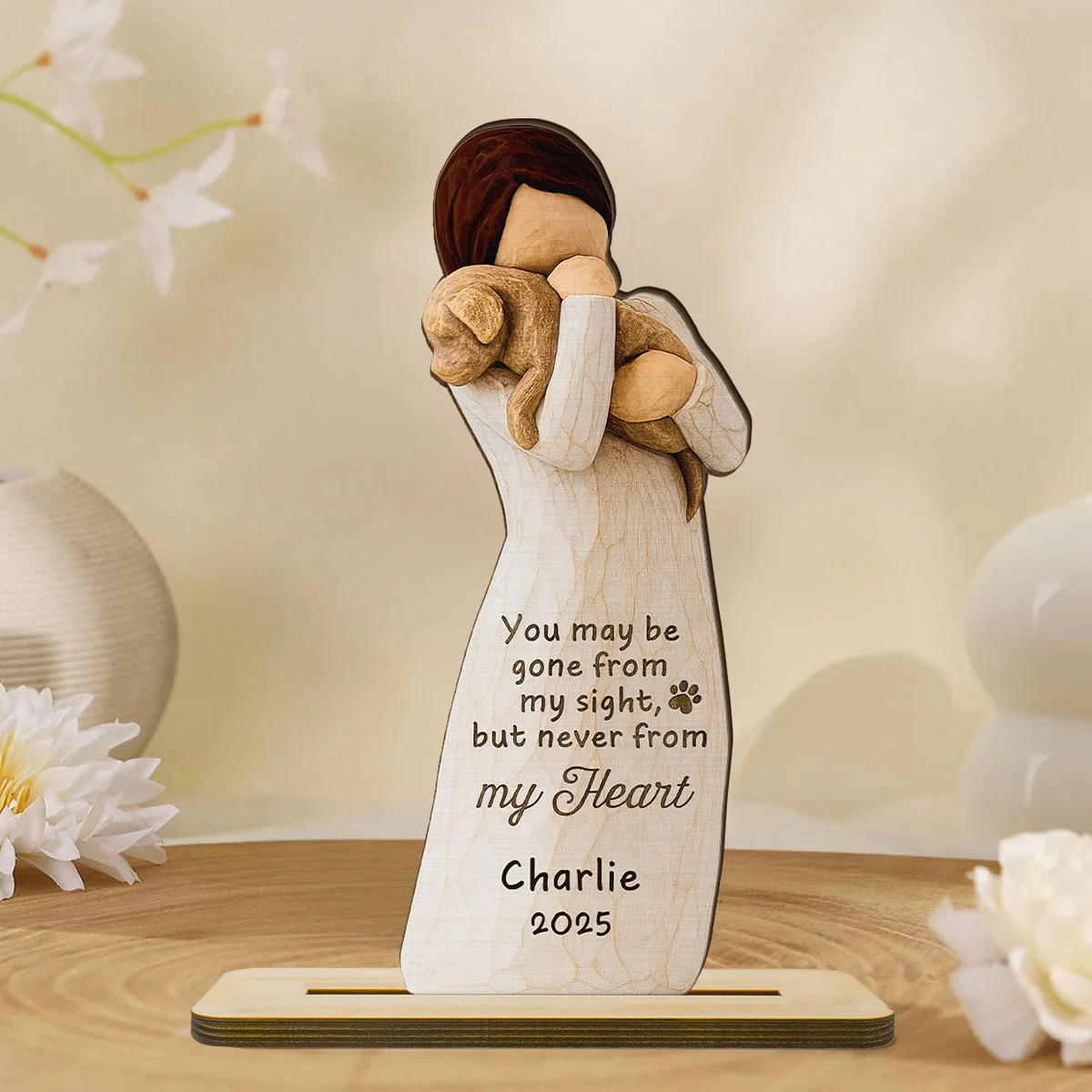 Until We Meet At Rainbow Bridge Woman & Dog 3D Effect Personalized Standing Wooden Plaque, Memorial Sympathy Gift - Image 3