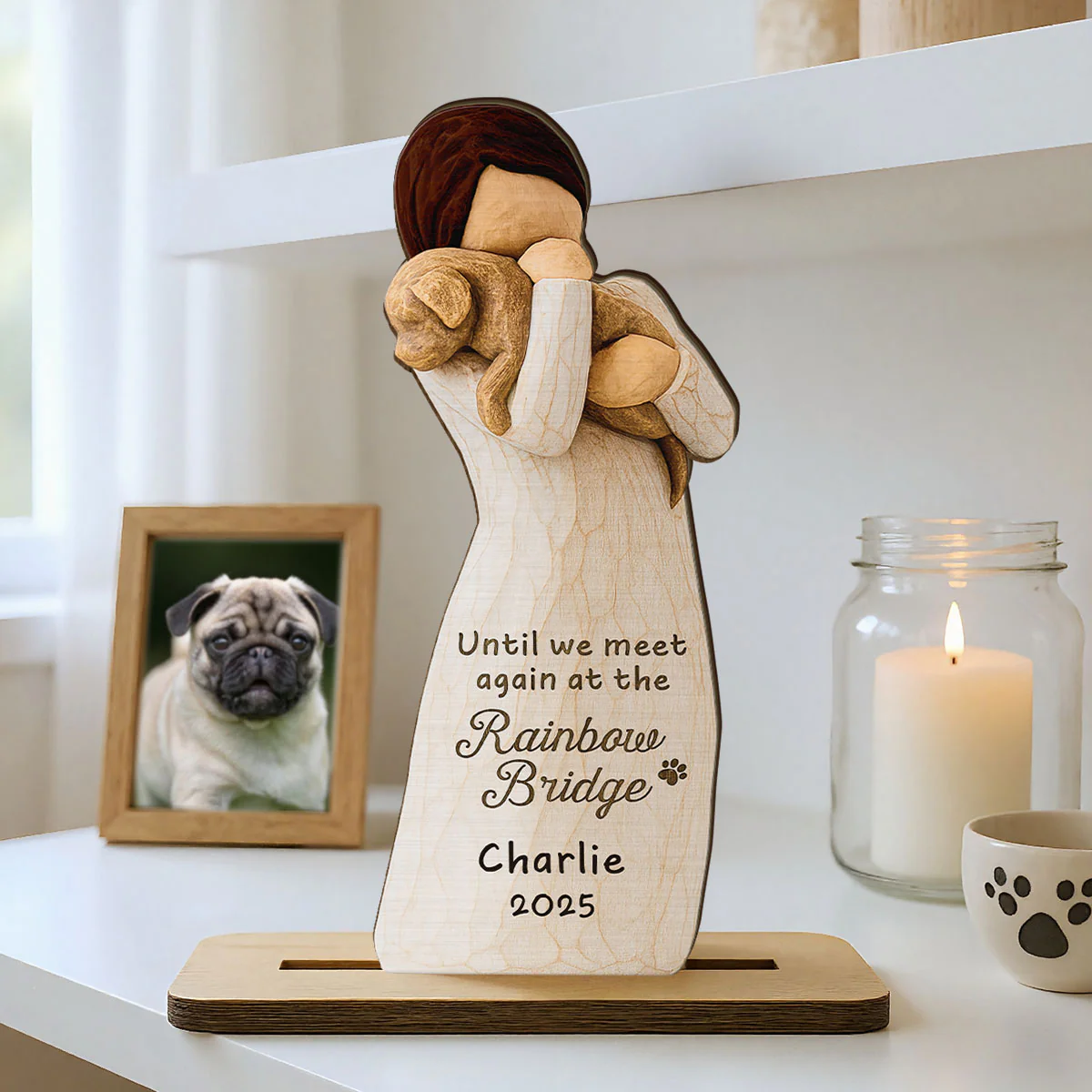 Until We Meet At Rainbow Bridge Woman & Dog 3D Effect Personalized Standing Wooden Plaque, Memorial Sympathy Gift - Image 9
