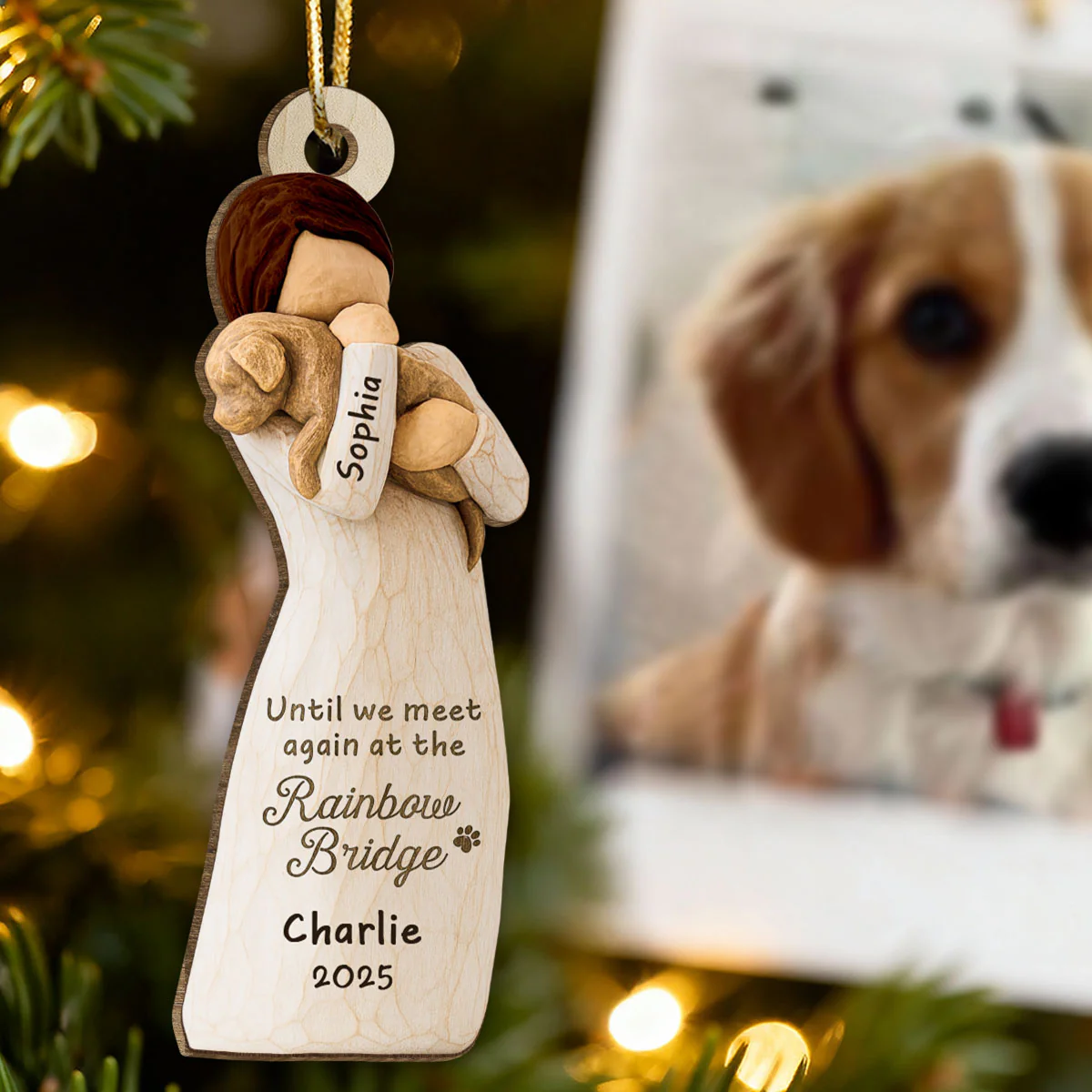 Until We Meet At Rainbow Bridge Woman & Dog 3D Effect - Personalized Wooden Ornament - Memorial Keepsake - Image 5