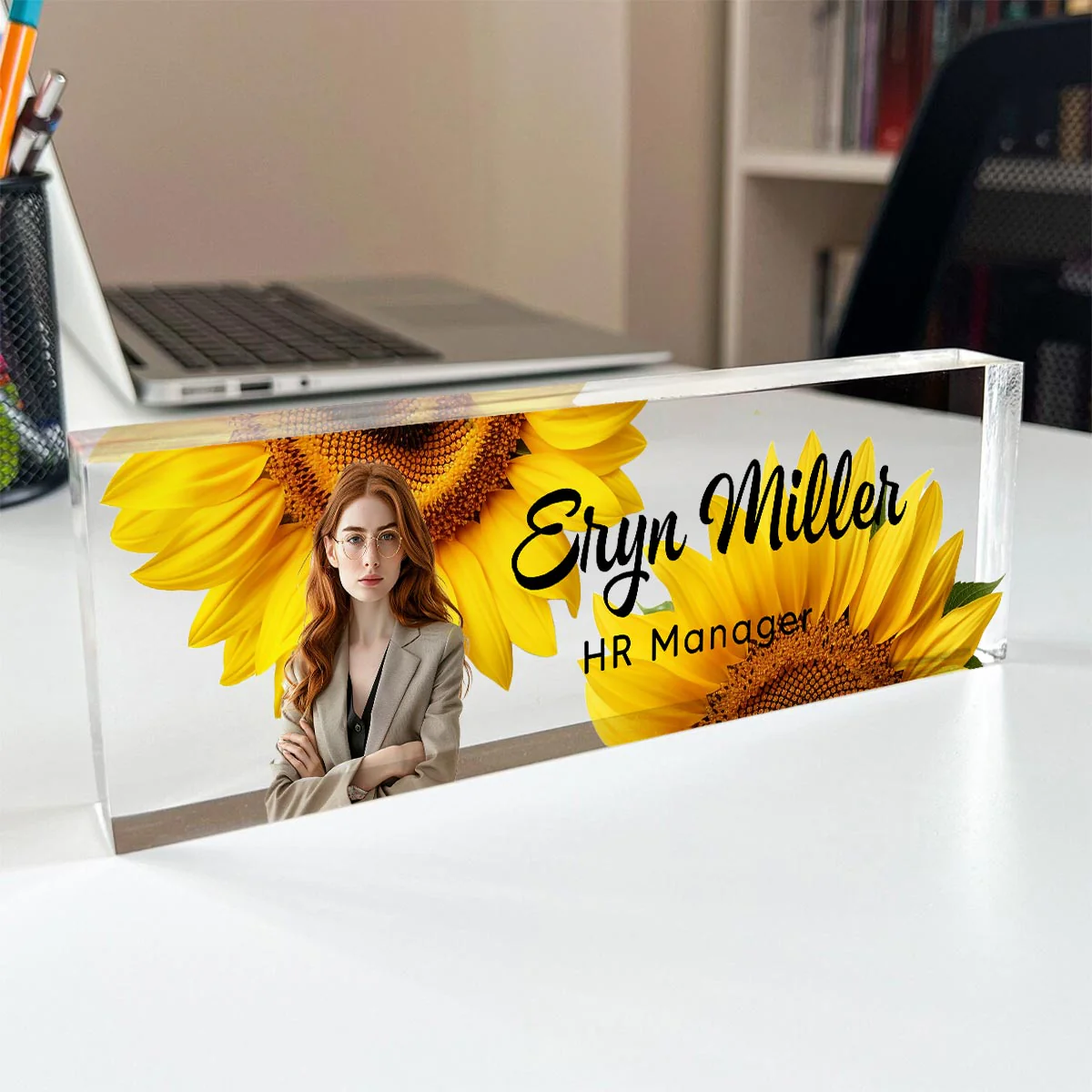 Upload Photo Daisy Flowers Blank Personalized Acrylic Desk Name Plate, Gift For Colleagues, Coworkers, Boss, Nurses, Doctors - Image 4