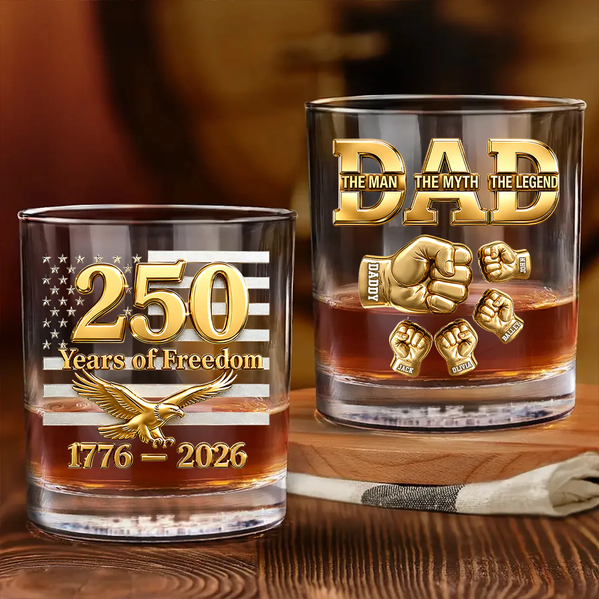 USA 250th Anniversary Daddy's Team Fist Bump - Personalized Whiskey Glass - Father's Day Gift for Dad, Husband - Image 3