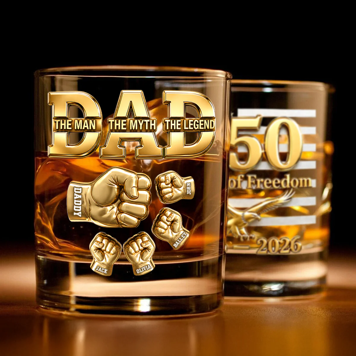 USA 250th Anniversary Daddy's Team Fist Bump - Personalized Whiskey Glass - Father's Day Gift for Dad, Husband - Image 6