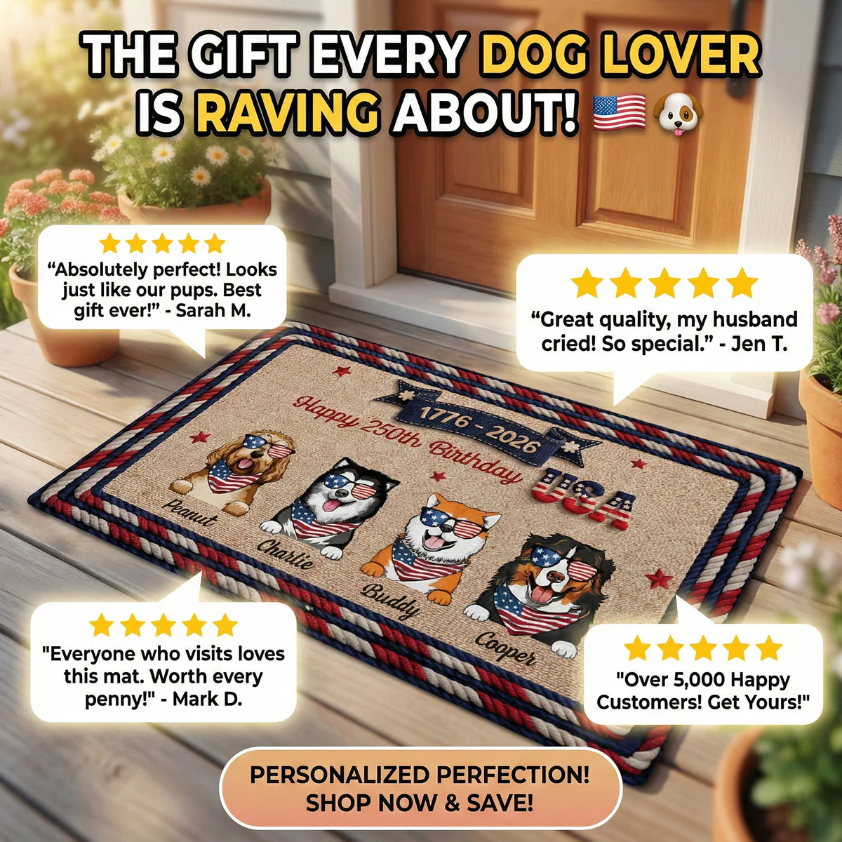 USA 250th Birthday Patriotic Flag Dog Faux Yarn Pattern - Personalized Doormat - Gift For Dog Lovers - Image 10