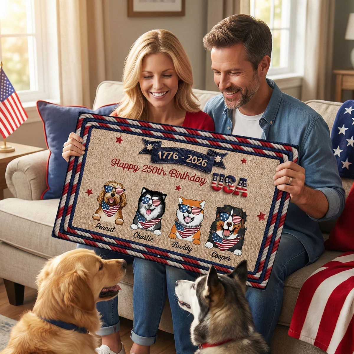 USA 250th Birthday Patriotic Flag Dog Faux Yarn Pattern - Personalized Doormat - Gift For Dog Lovers - Image 3