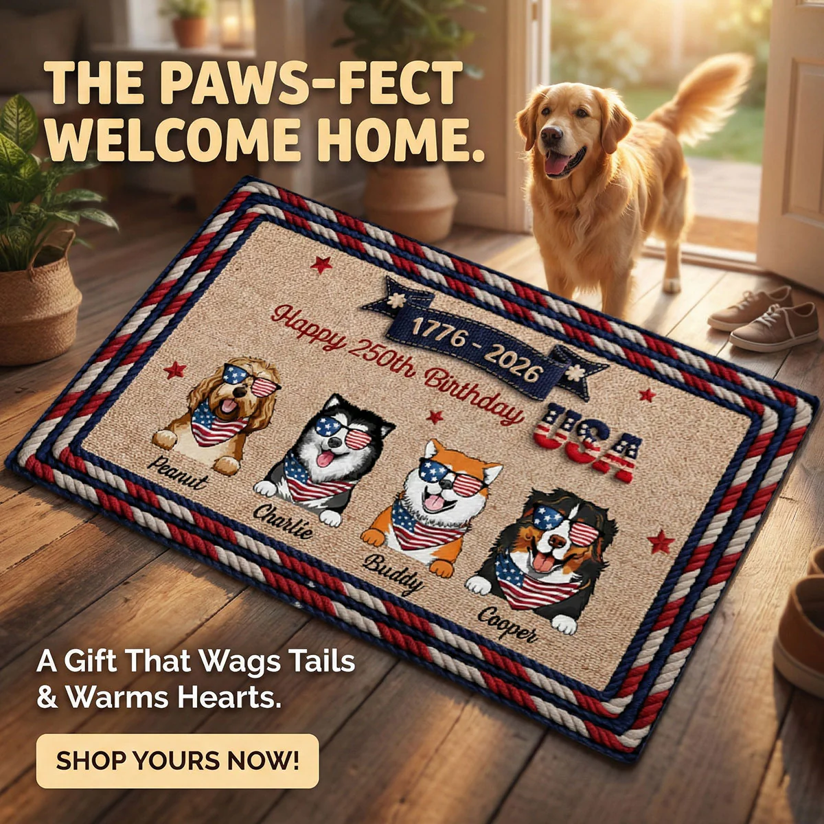 USA 250th Birthday Patriotic Flag Dog Faux Yarn Pattern - Personalized Doormat - Gift For Dog Lovers - Image 4