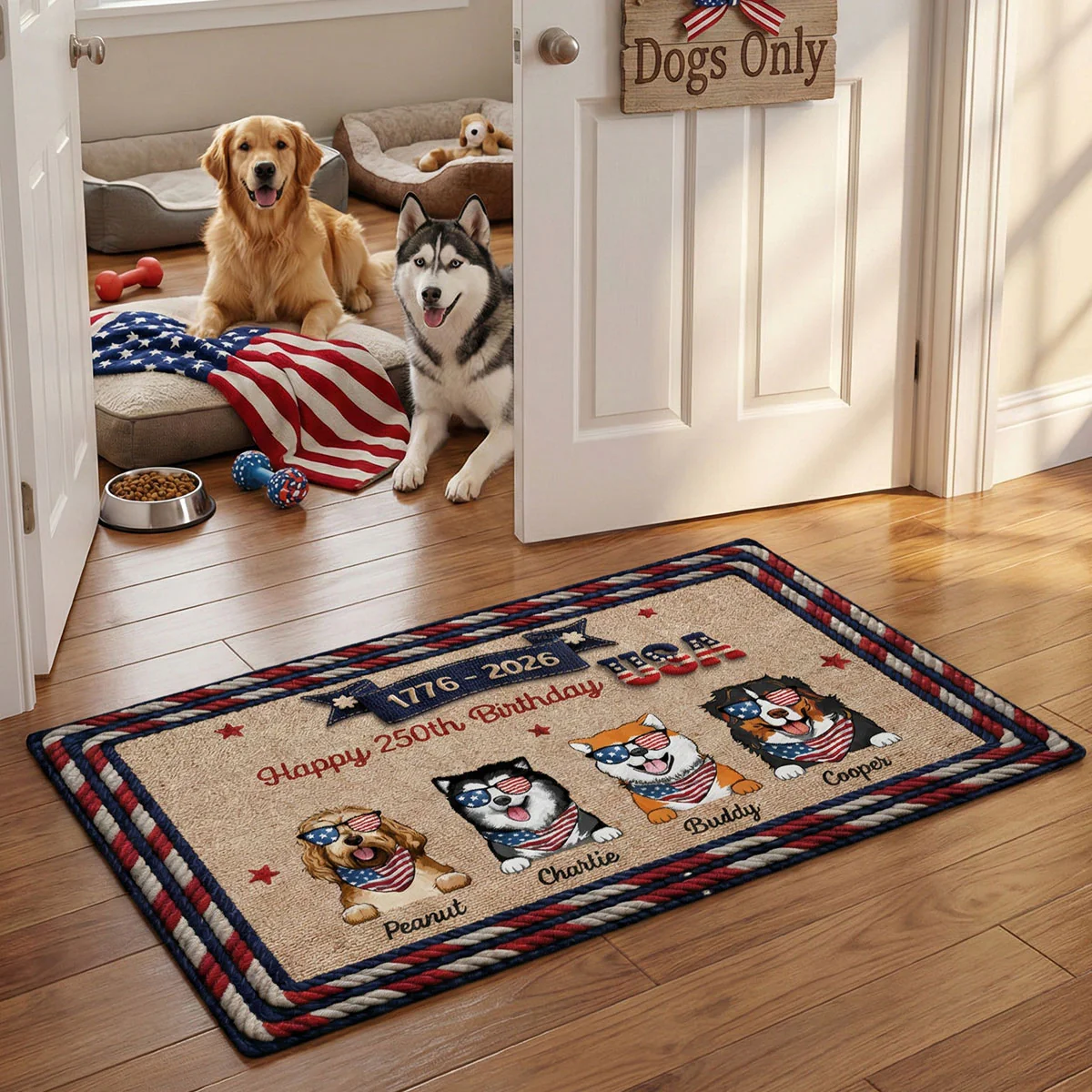 USA 250th Birthday Patriotic Flag Dog Faux Yarn Pattern - Personalized Doormat - Gift For Dog Lovers - Image 5