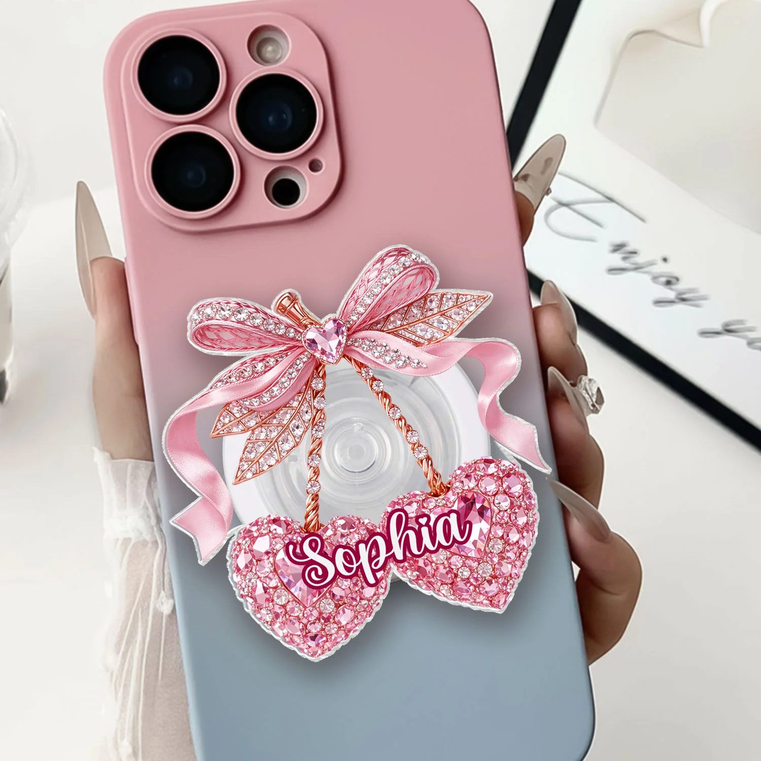 Valentine Cherry 3D Shiny Effect - Personalized Acrylic Magnetic Phone Grip - Image 2