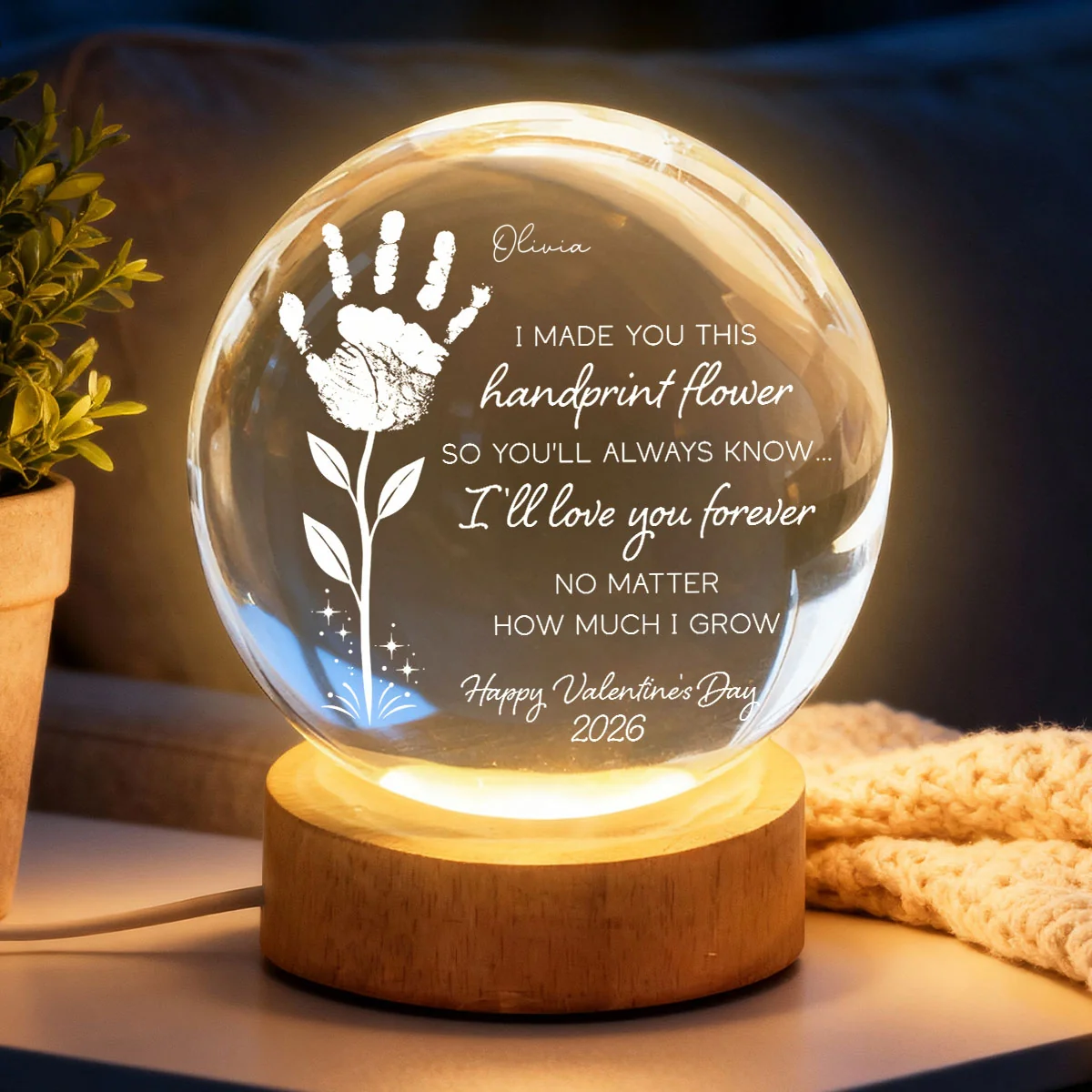 Valentine Day Handprint Art Craft - Personalized Crystal Ball LED Night Light - Anniversary, Valentine's Day Gift, Gift For Him, Gift For Her - Image 10