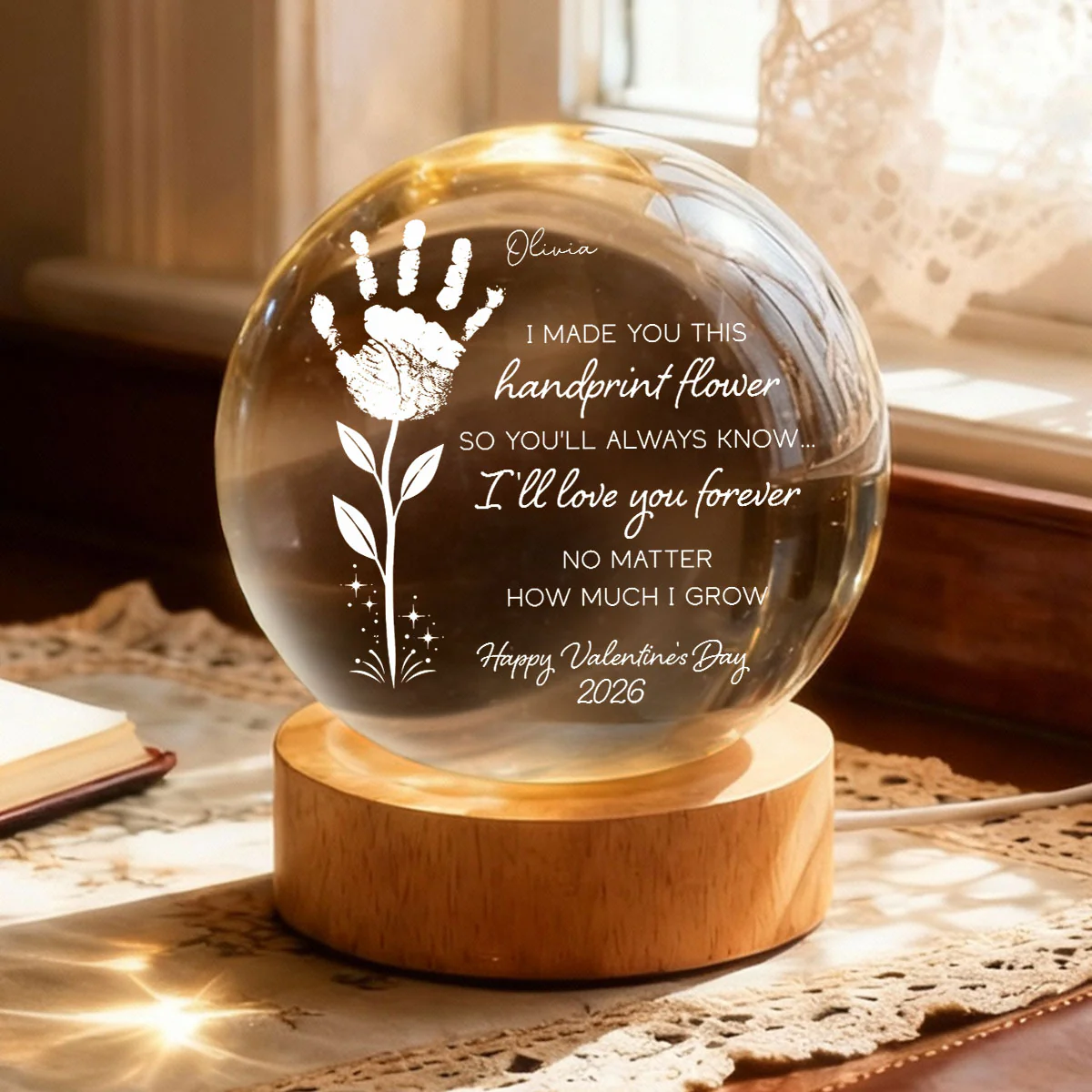 Valentine Day Handprint Art Craft - Personalized Crystal Ball LED Night Light - Anniversary, Valentine's Day Gift, Gift For Him, Gift For Her - Image 2