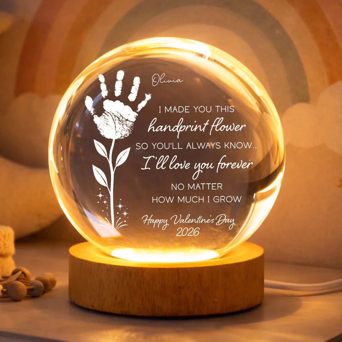 Valentine Day Handprint Art Craft - Personalized Crystal Ball LED Night Light - Anniversary, Valentine's Day Gift, Gift For Him, Gift For Her - Image 3