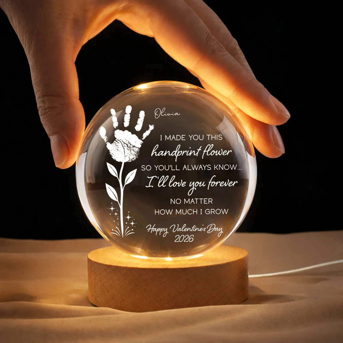 Valentine Day Handprint Art Craft - Personalized Crystal Ball LED Night Light - Anniversary, Valentine's Day Gift, Gift For Him, Gift For Her - Image 4