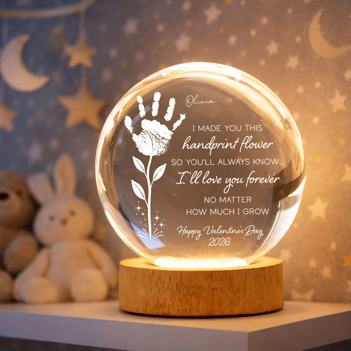 Valentine Day Handprint Art Craft - Personalized Crystal Ball LED Night Light - Anniversary, Valentine's Day Gift, Gift For Him, Gift For Her - Image 5
