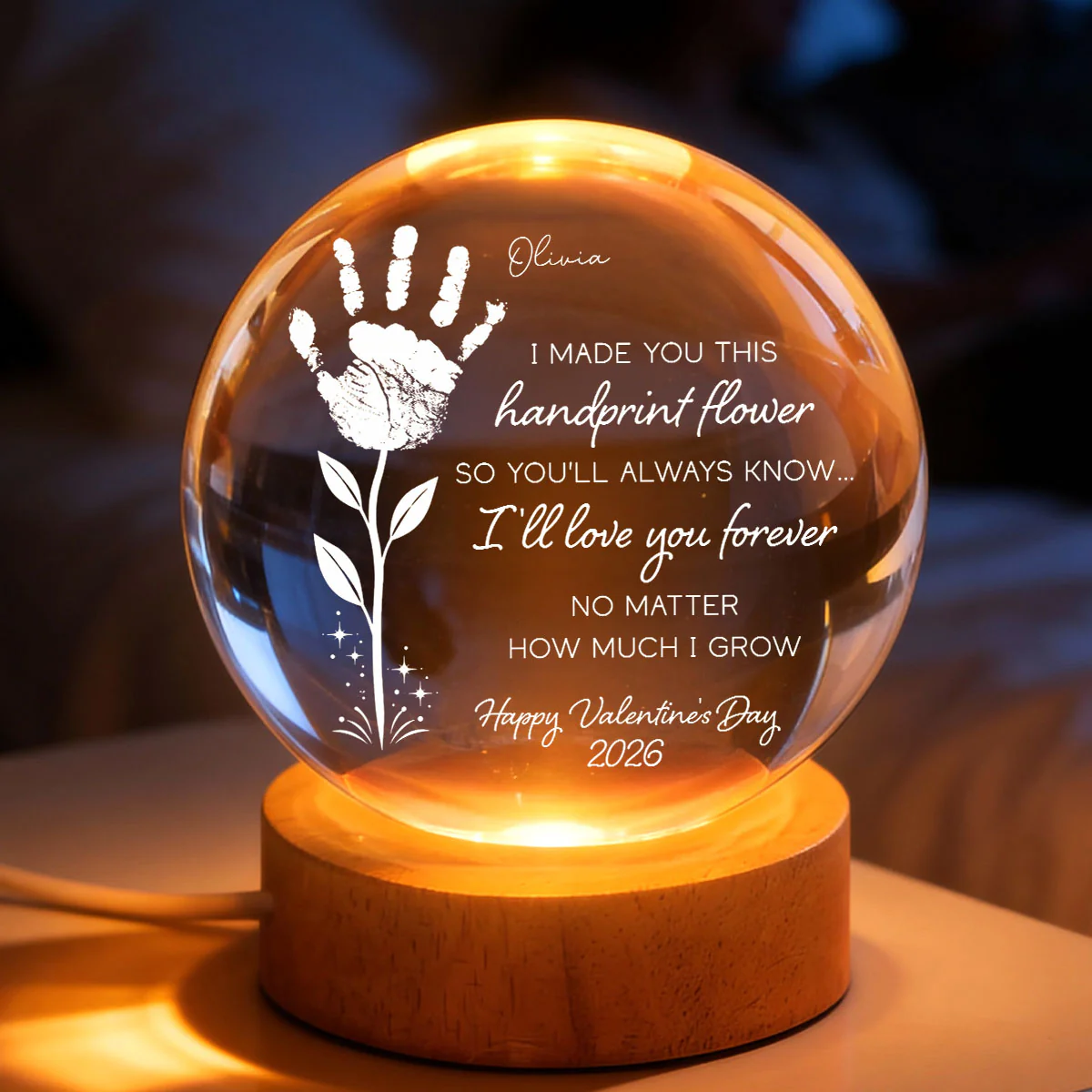 Valentine Day Handprint Art Craft - Personalized Crystal Ball LED Night Light - Anniversary, Valentine's Day Gift, Gift For Him, Gift For Her - Image 7