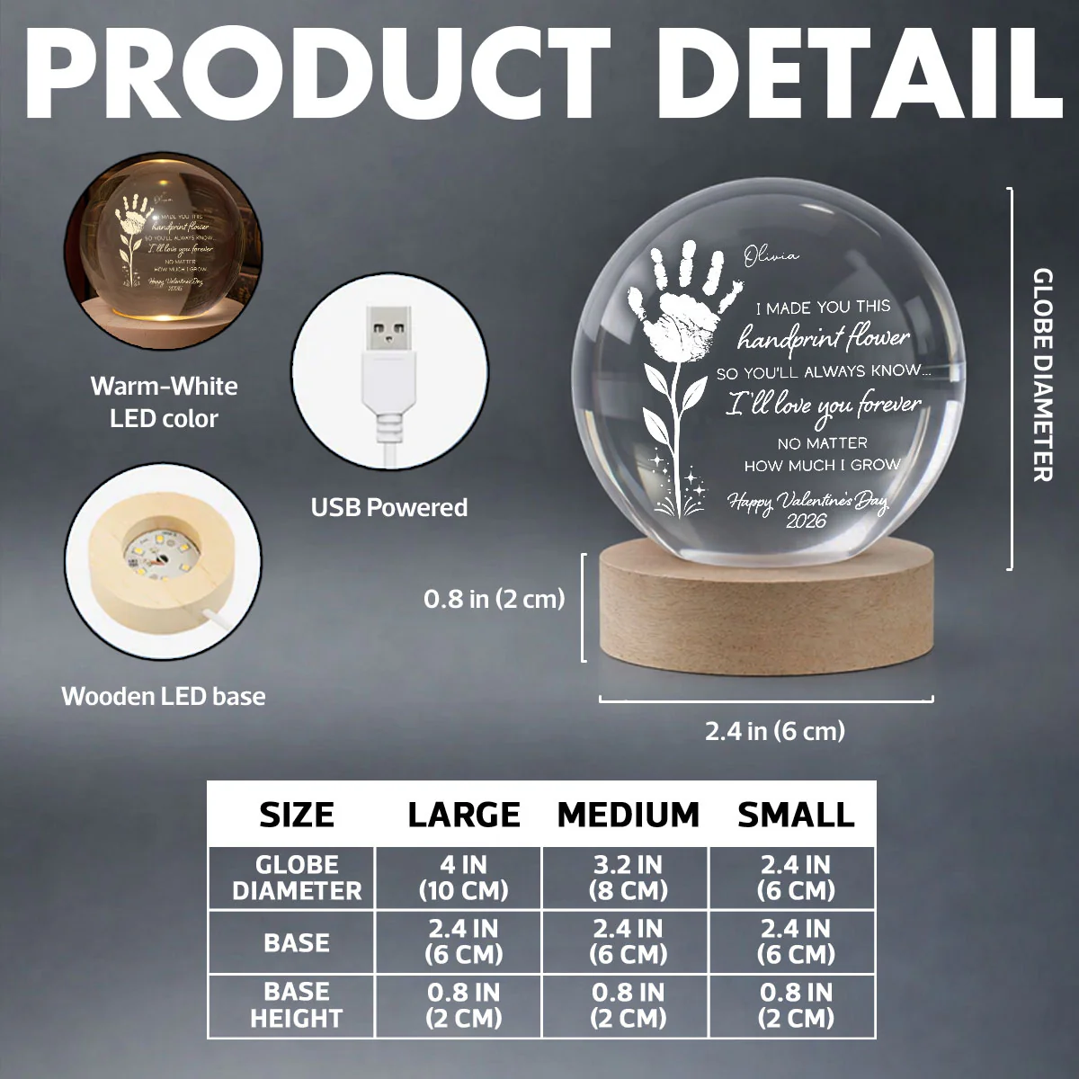 Valentine Day Handprint Art Craft - Personalized Crystal Ball LED Night Light - Anniversary, Valentine's Day Gift, Gift For Him, Gift For Her - Image 8