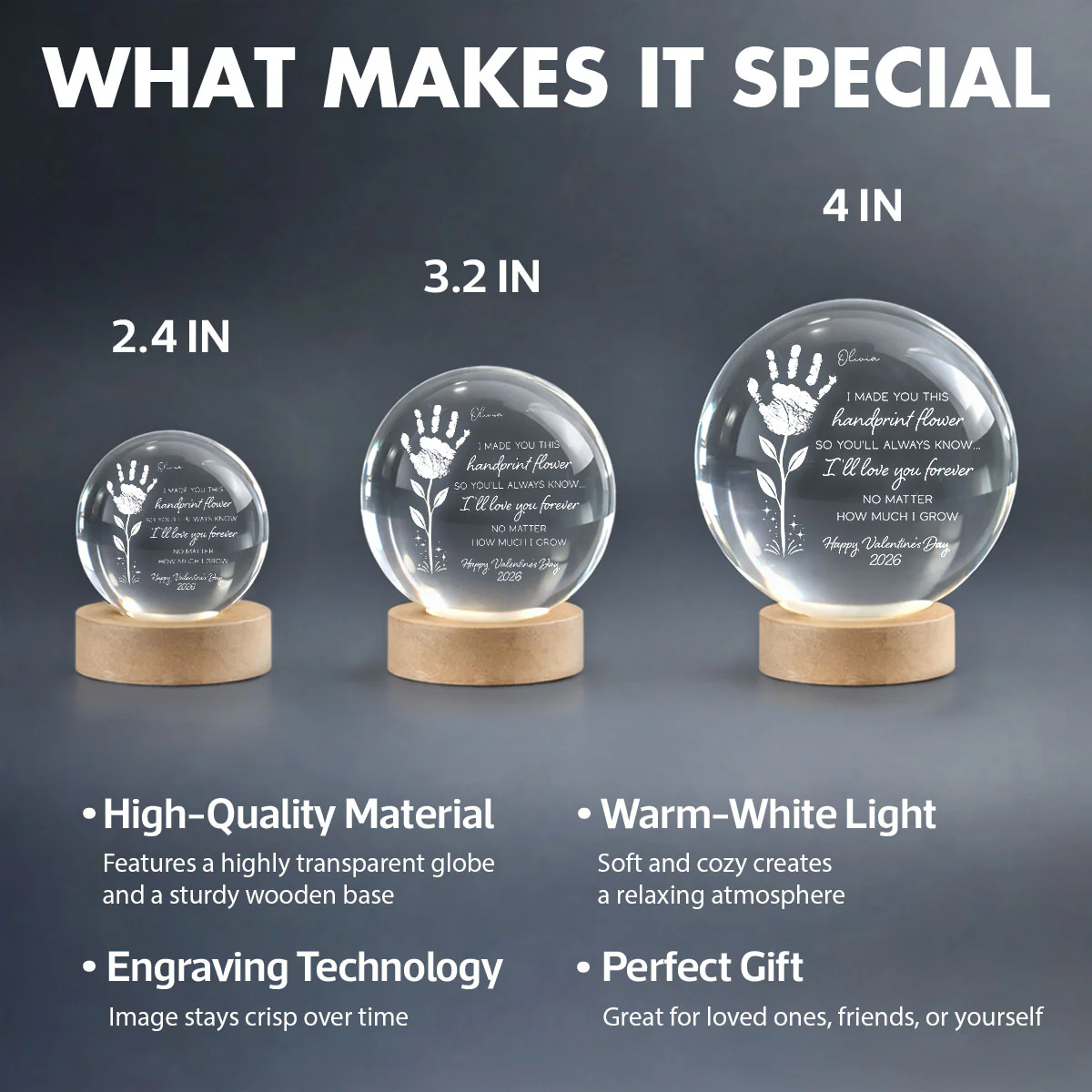 Valentine Day Handprint Art Craft - Personalized Crystal Ball LED Night Light - Anniversary, Valentine's Day Gift, Gift For Him, Gift For Her - Image 9