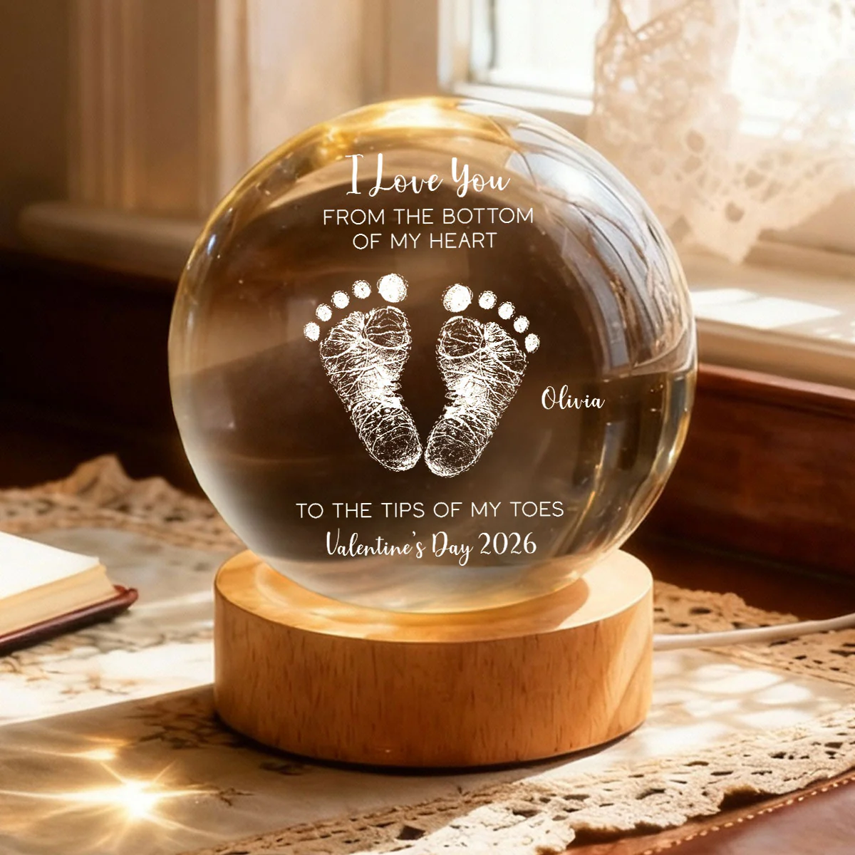 Valentine Kids Footprint Sign - Personalized Crystal Ball LED Night Light - Anniversary, Valentine's Day Gift, Gift For Him, Gift For Her - Image 2