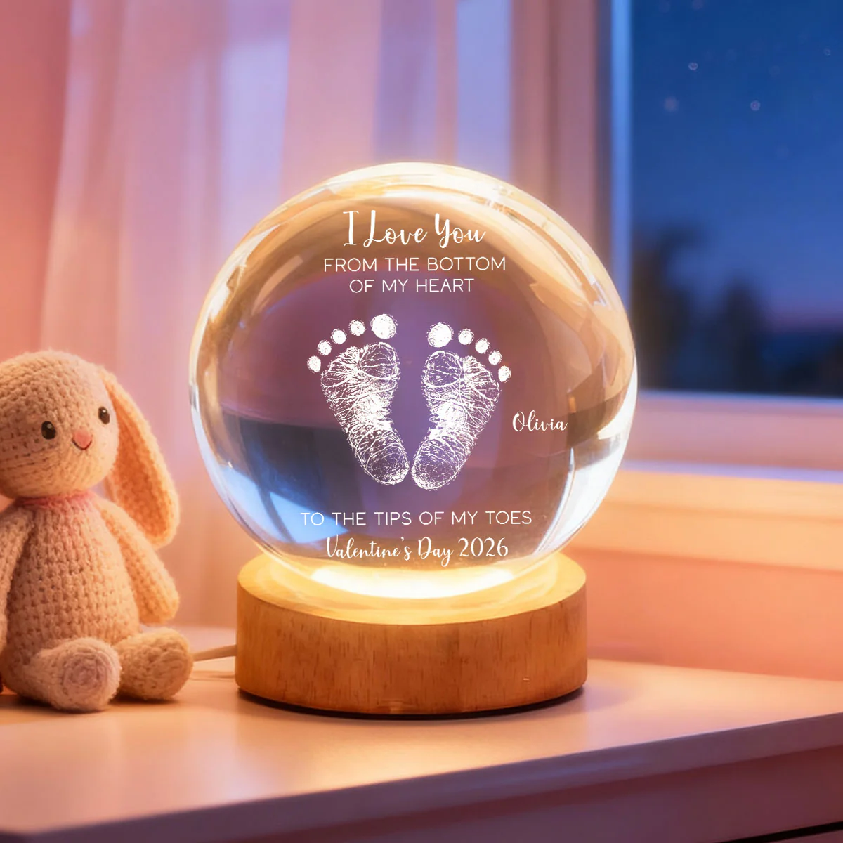 Valentine Kids Footprint Sign - Personalized Crystal Ball LED Night Light - Anniversary, Valentine's Day Gift, Gift For Him, Gift For Her - Image 3