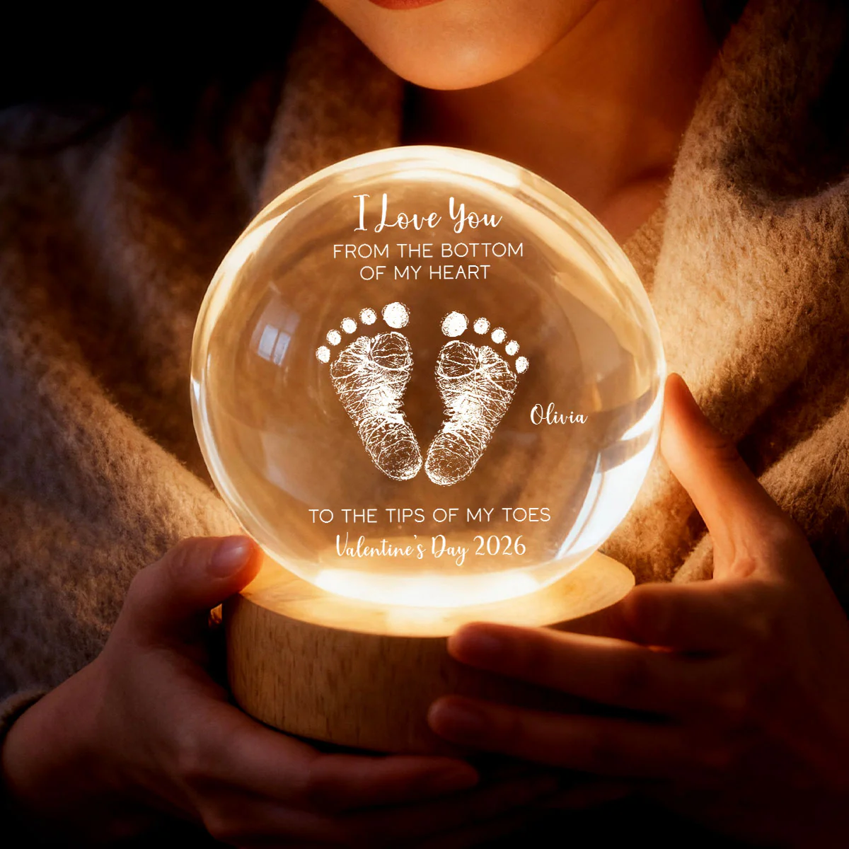 Valentine Kids Footprint Sign - Personalized Crystal Ball LED Night Light - Anniversary, Valentine's Day Gift, Gift For Him, Gift For Her - Image 4