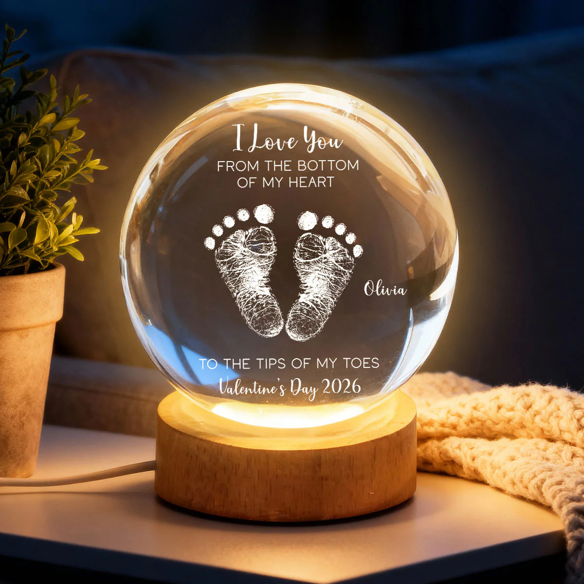 Valentine Kids Footprint Sign - Personalized Crystal Ball LED Night Light - Anniversary, Valentine's Day Gift, Gift For Him, Gift For Her - Image 5