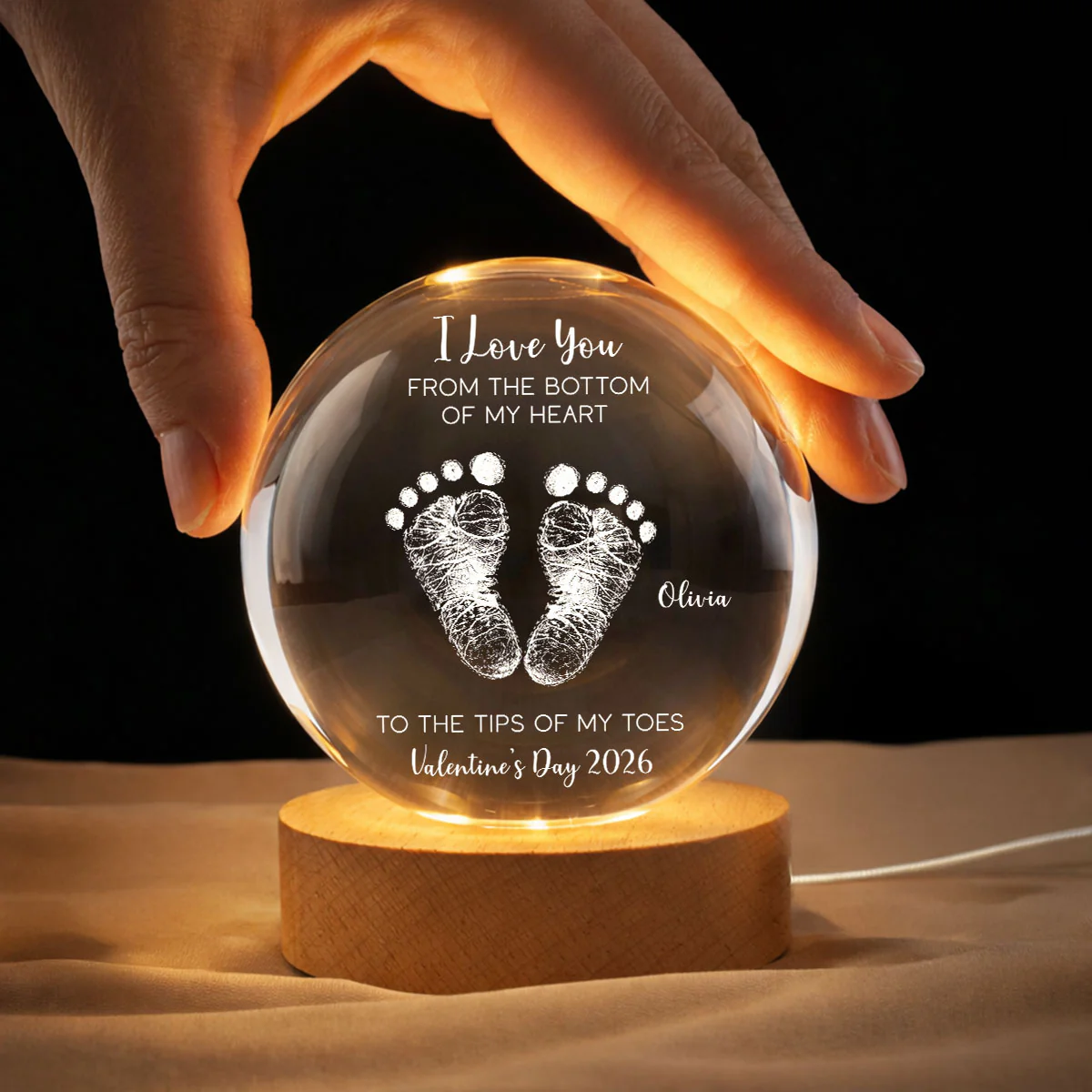 Valentine Kids Footprint Sign - Personalized Crystal Ball LED Night Light - Anniversary, Valentine's Day Gift, Gift For Him, Gift For Her - Image 6