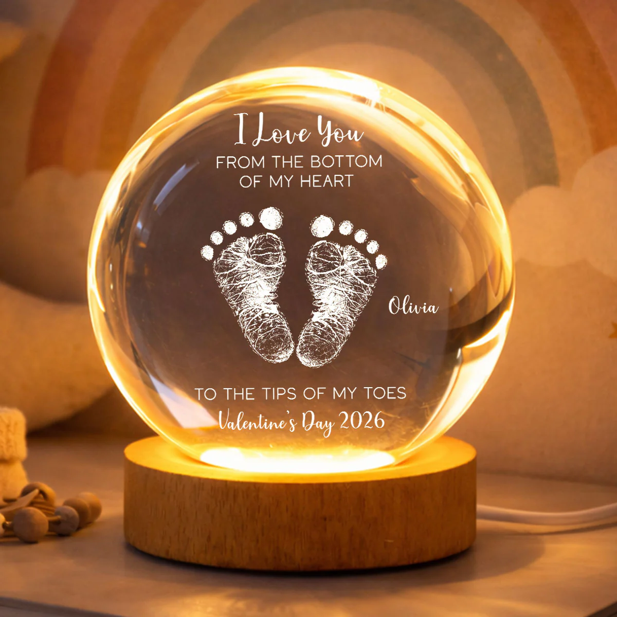 Valentine Kids Footprint Sign - Personalized Crystal Ball LED Night Light - Anniversary, Valentine's Day Gift, Gift For Him, Gift For Her - Image 7