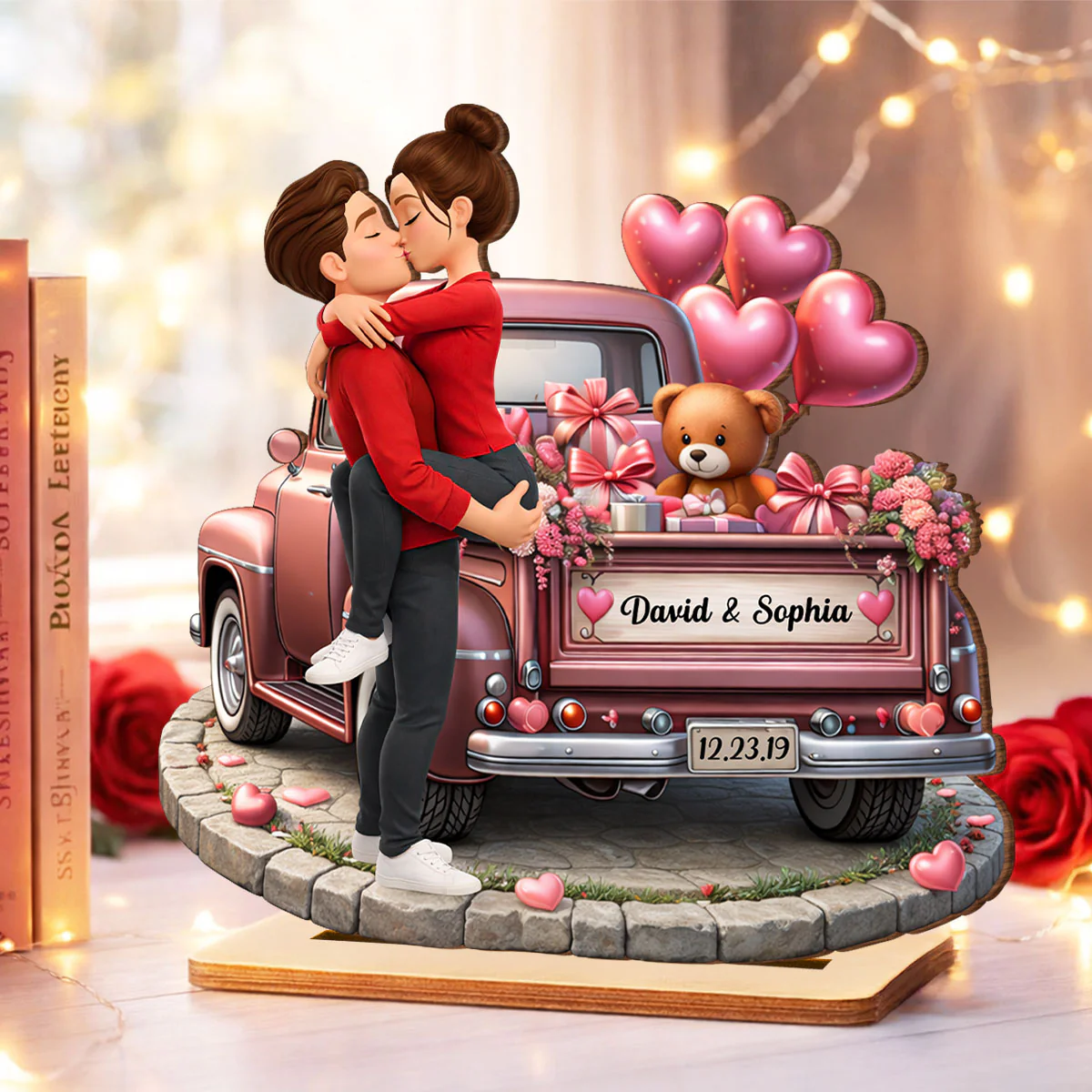 Valentine Truck Couple Kissing - Personalized 2-Layered Wooden Plaque - Anniversary, Valentine's Day Gift, Gift For Him, Gift For Her - Image 3