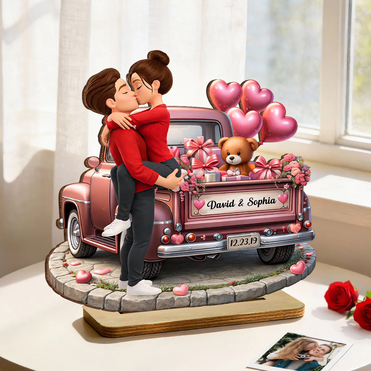 Valentine Truck Couple Kissing - Personalized 2-Layered Wooden Plaque - Anniversary, Valentine's Day Gift, Gift For Him, Gift For Her - Image 5