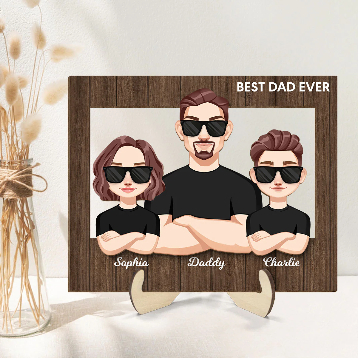 Vector Man Dad Grandpa And Kids Personalized 2-Layer Wooden Plaque - Image 2