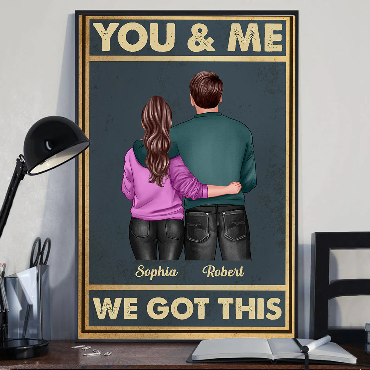 Vintage Background Back View Couple Hugging You & Me We Got This Personalized Vertical Poster - Image 2