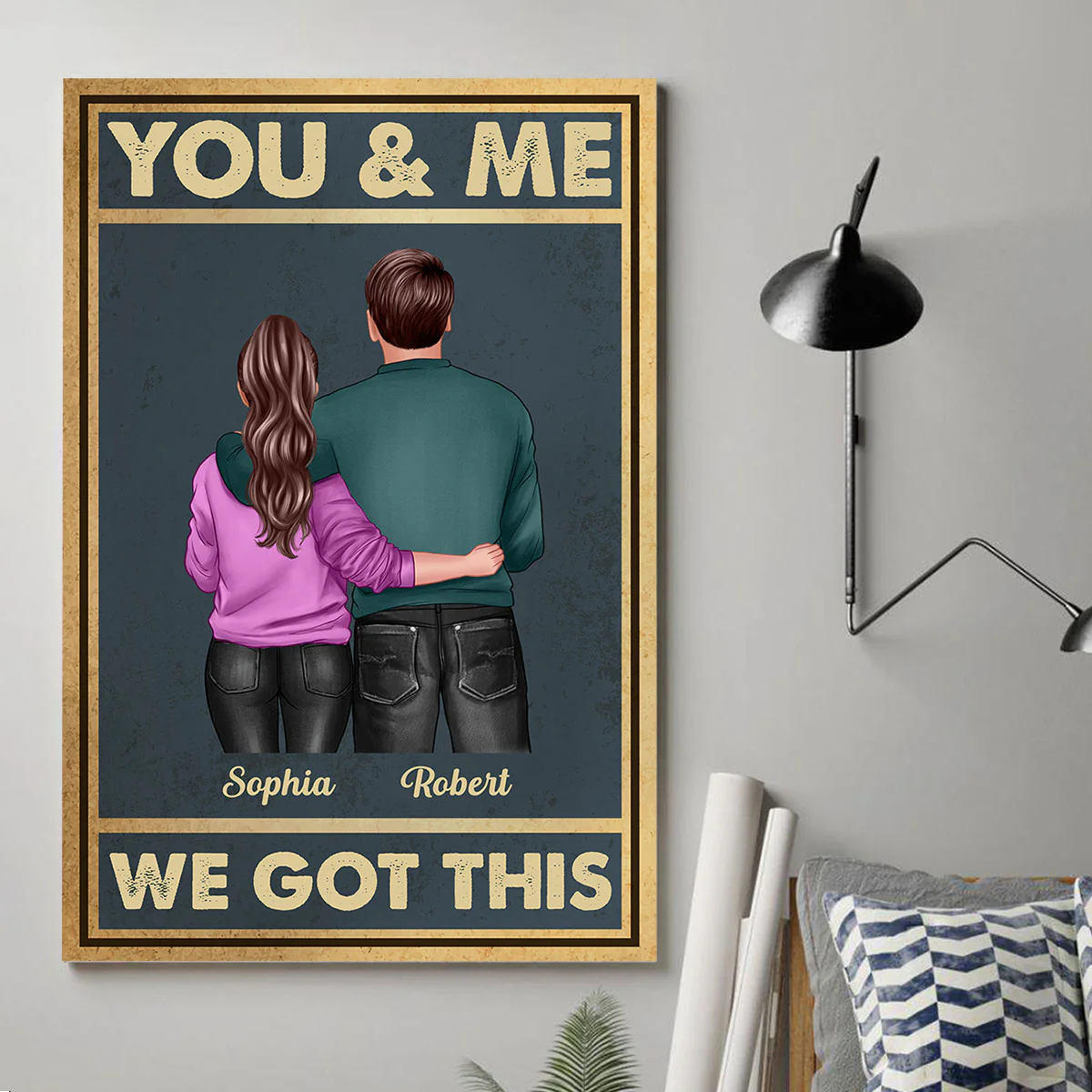 Vintage Background Back View Couple Hugging You & Me We Got This Personalized Vertical Poster - Image 3