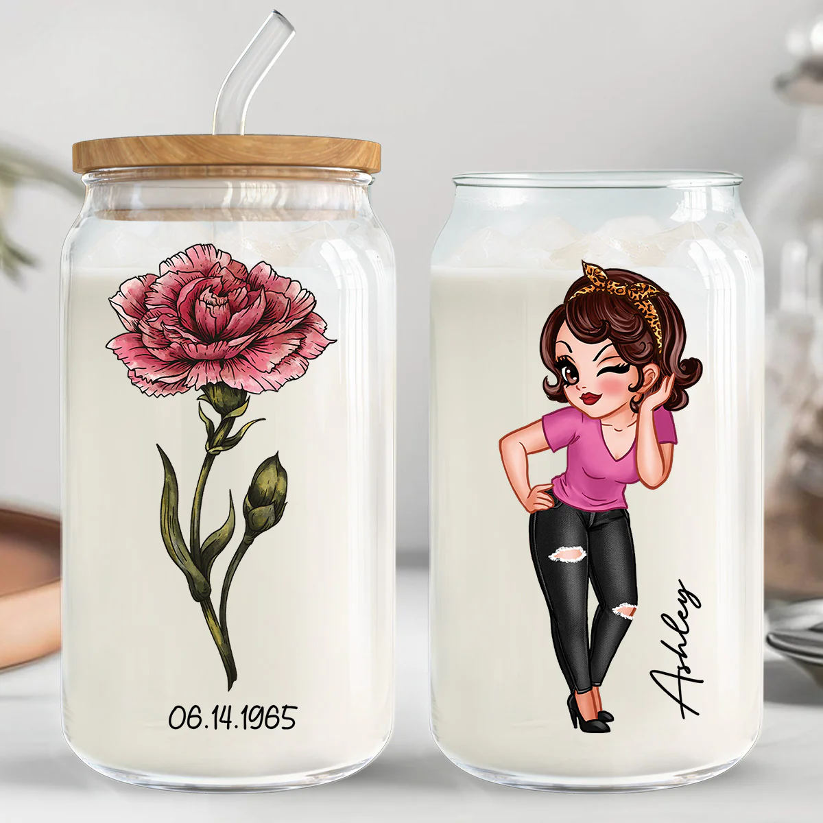 Vintage Birth Flower With Name & Birth Day Gift For Mom Grandma Pretty Woman Personalized Clear Glass Can - Image 2
