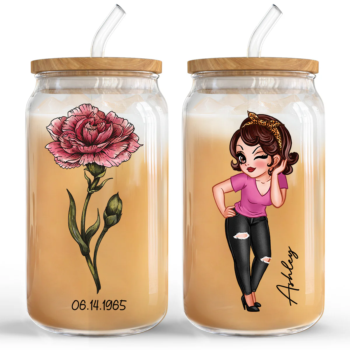 Vintage Birth Flower With Name & Birth Day Gift For Mom Grandma Pretty Woman Personalized Clear Glass Can - Image 3