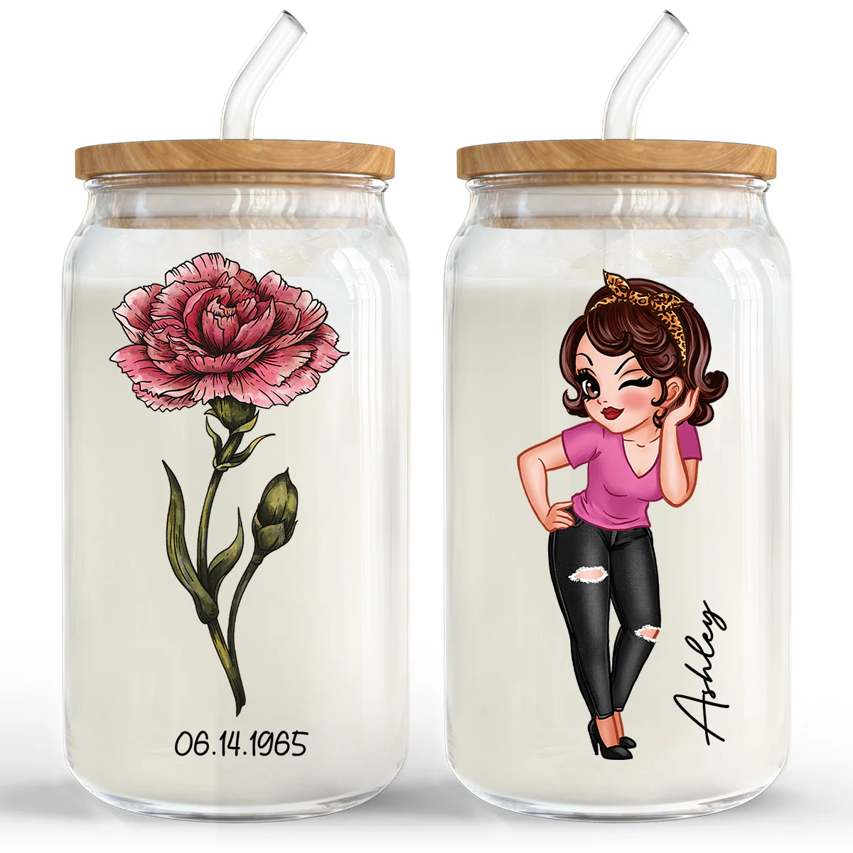 Vintage Birth Flower With Name & Birth Day Gift For Mom Grandma Pretty Woman Personalized Clear Glass Can - Image 4