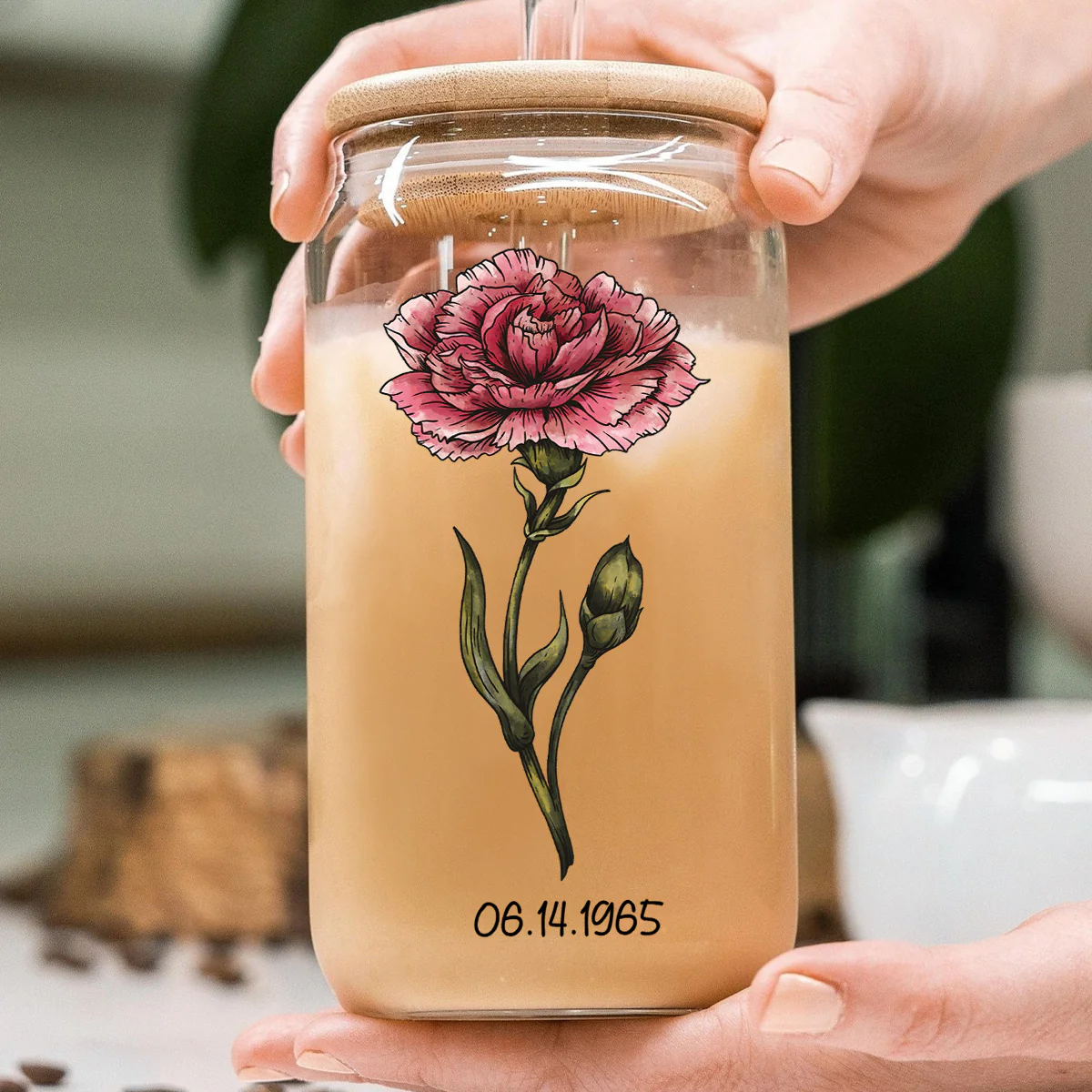 Vintage Birth Flower With Name & Birth Day Gift For Mom Grandma Pretty Woman Personalized Clear Glass Can - Image 5