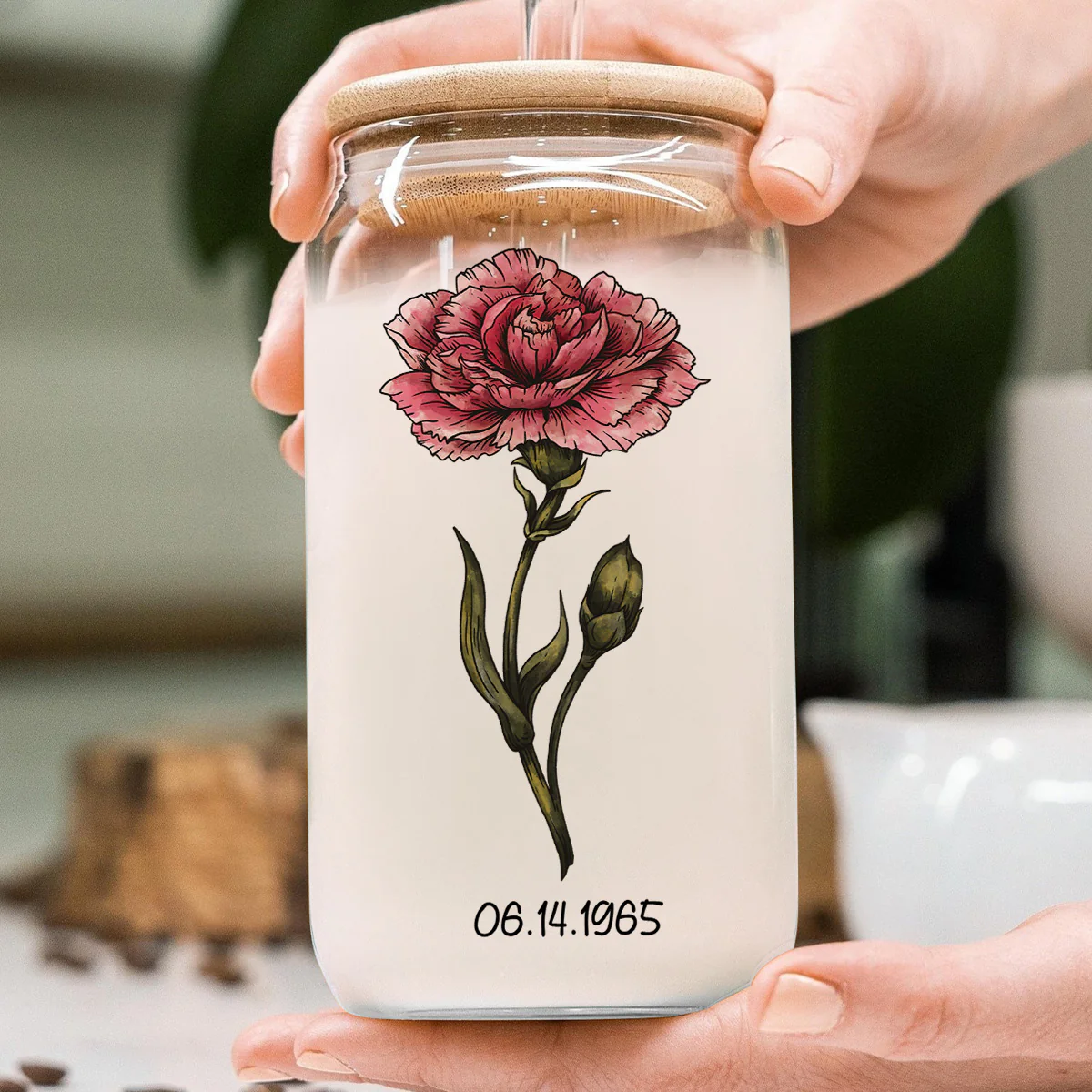 Vintage Birth Flower With Name & Birth Day Gift For Mom Grandma Pretty Woman Personalized Clear Glass Can - Image 6