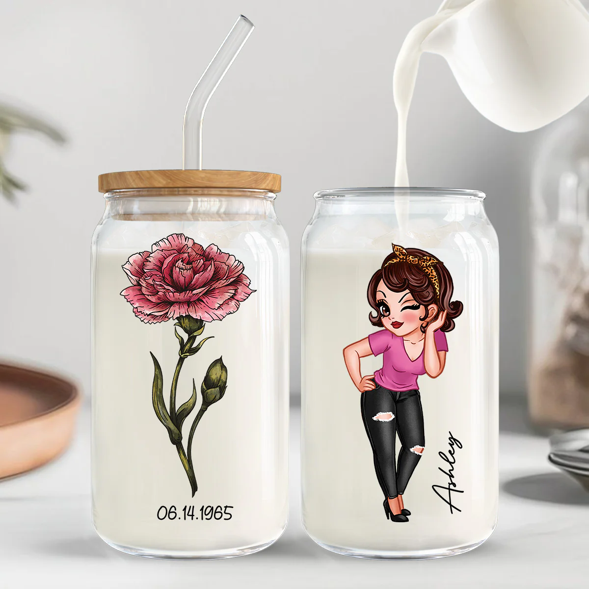 Vintage Birth Flower With Name & Birth Day Gift For Mom Grandma Pretty Woman Personalized Clear Glass Can - Image 7