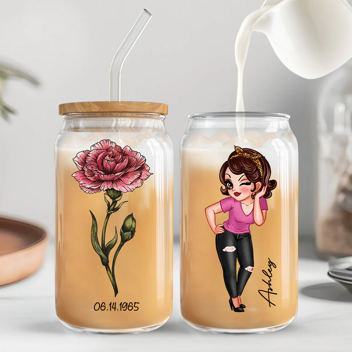 Vintage Birth Flower With Name & Birth Day Gift For Mom Grandma Pretty Woman Personalized Clear Glass Can - Image 8