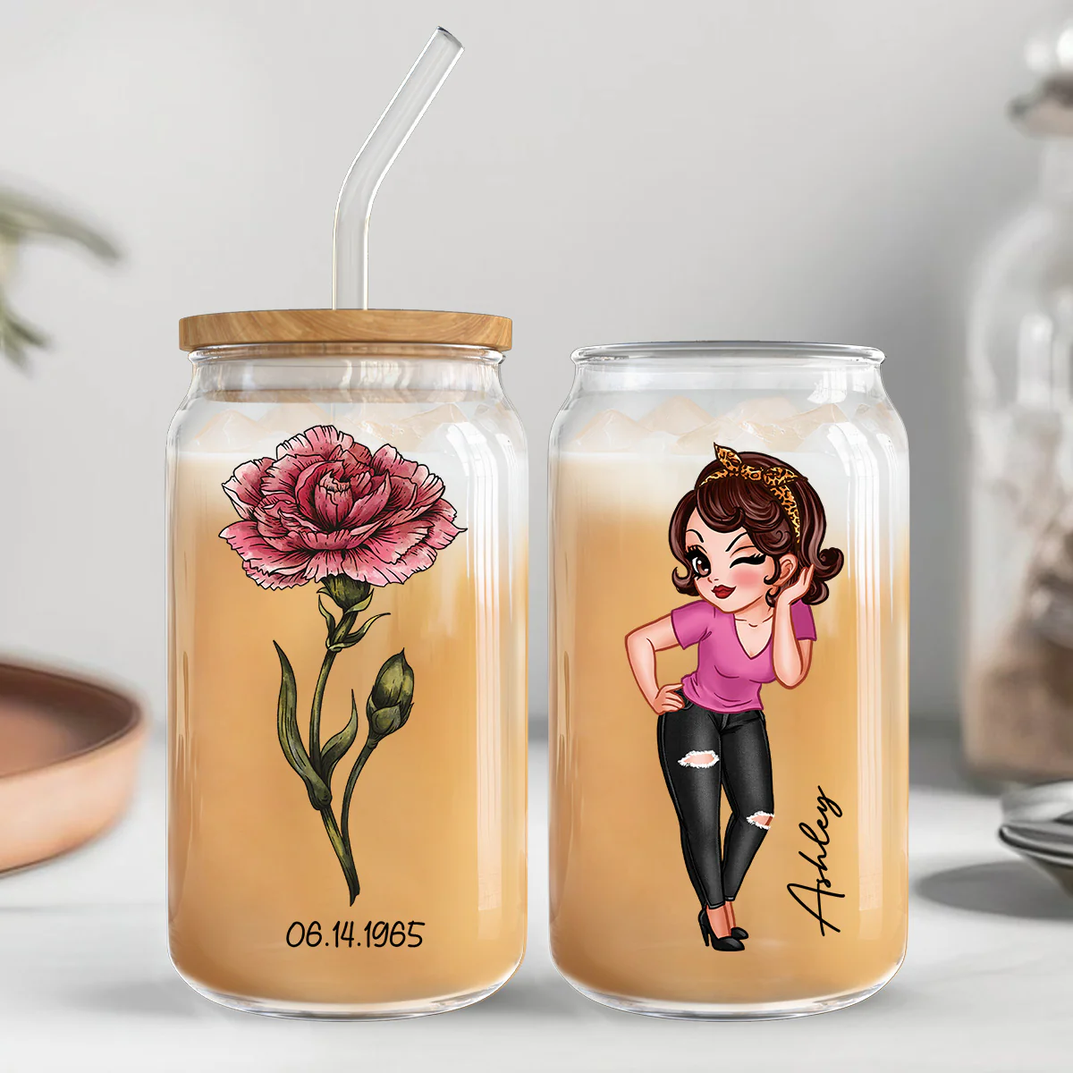 Vintage Birth Flower With Name & Birth Day Gift For Mom Grandma Pretty Woman Personalized Clear Glass Can - Image 9