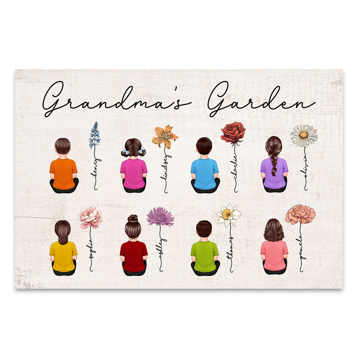 Vintage Birth Month Flowers Garden With Grandkids Names Personalized Poster, Mother‘s Day Gift For Grandma Mom Auntie