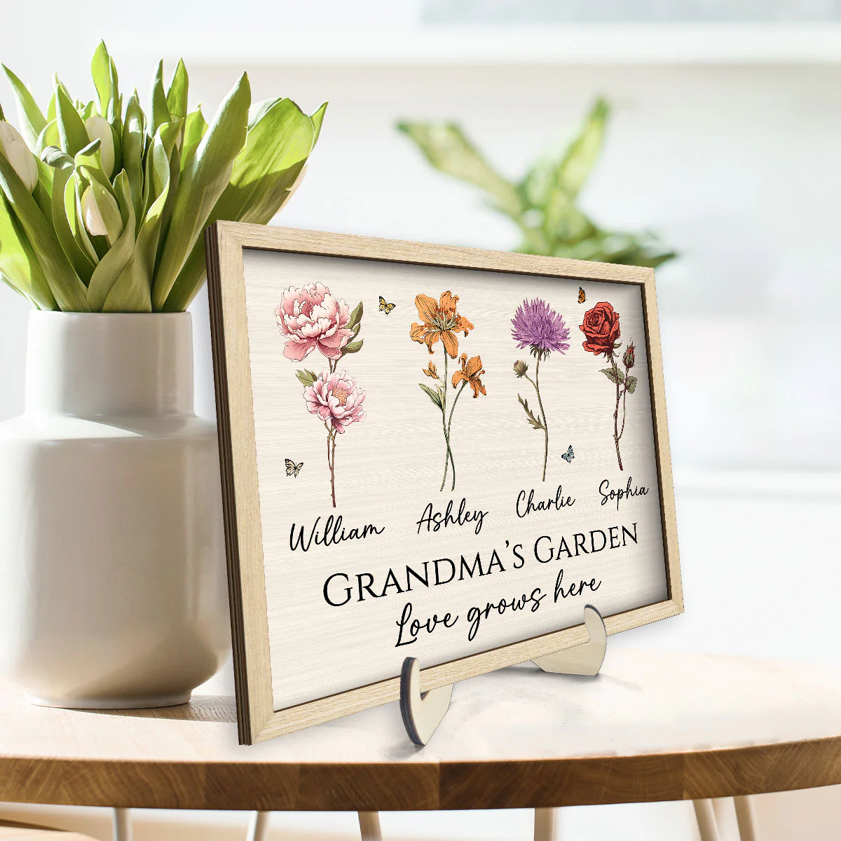 Vintage Birth Month Flowers Grandma Mom Garden Love Grows Here Mother‘s Day Gift Personalized 2-Layer Wooden Plaque - Image 3