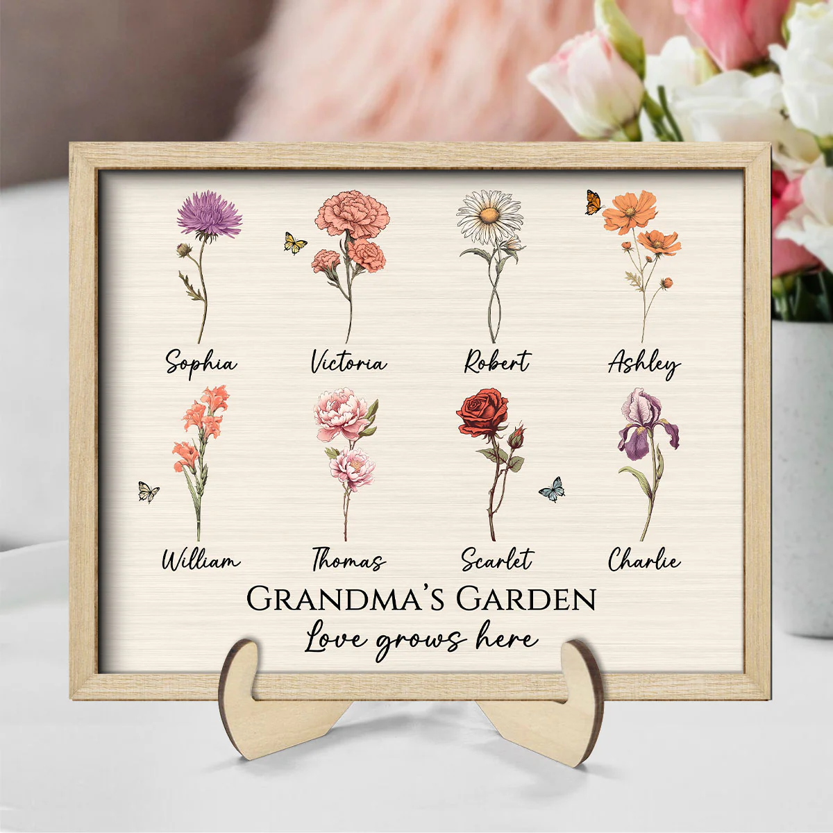 Vintage Birth Month Flowers Grandma Mom Garden Love Grows Here Mother‘s Day Gift Personalized 2-Layer Wooden Plaque - Image 7