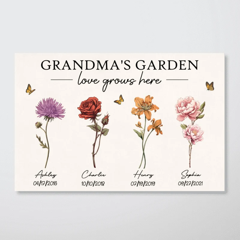 Vintage Birth Month Flowers Grandma‘s Garden Gift For Grandma Mom Personalized Horizontal Poster - Image 6
