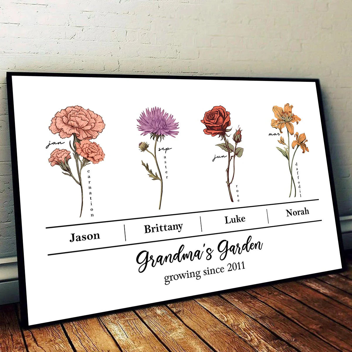 Vintage Birth Month Flowers Grandma‘s Garden With Kids Names Flowers Names Personalized Horizontal Poster - Image 4
