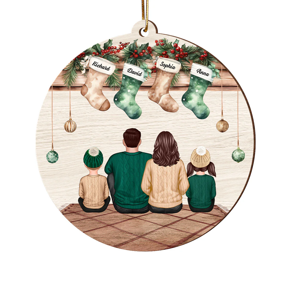 Vintage Christmas Stockings Family Sitting Personalized Wooden Ornament, Christmas Gift For Family - Image 2