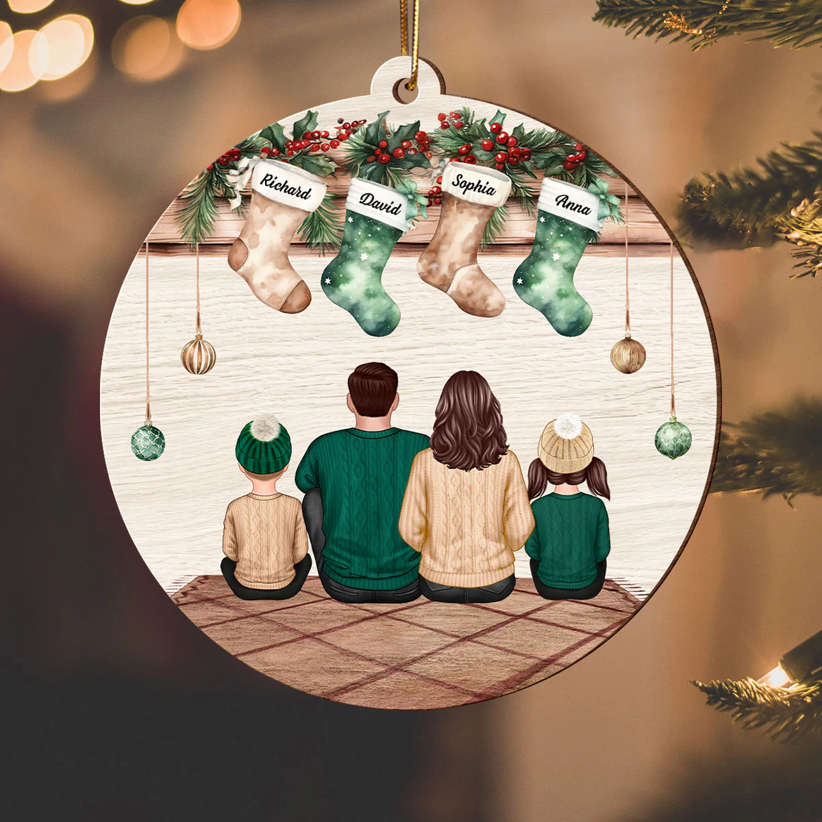 Vintage Christmas Stockings Family Sitting Personalized Wooden Ornament, Christmas Gift For Family - Image 3