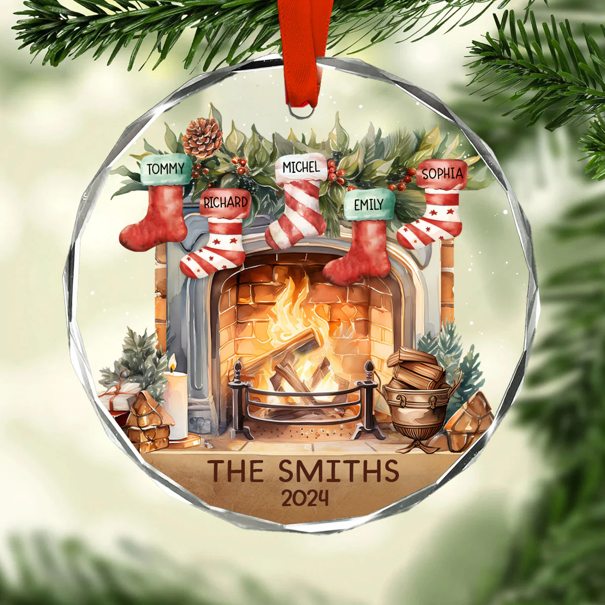 Vintage Christmas Stockings Fireplace Family Names Personalized Glass Ornament, Christmas Gift For Family - Image 2