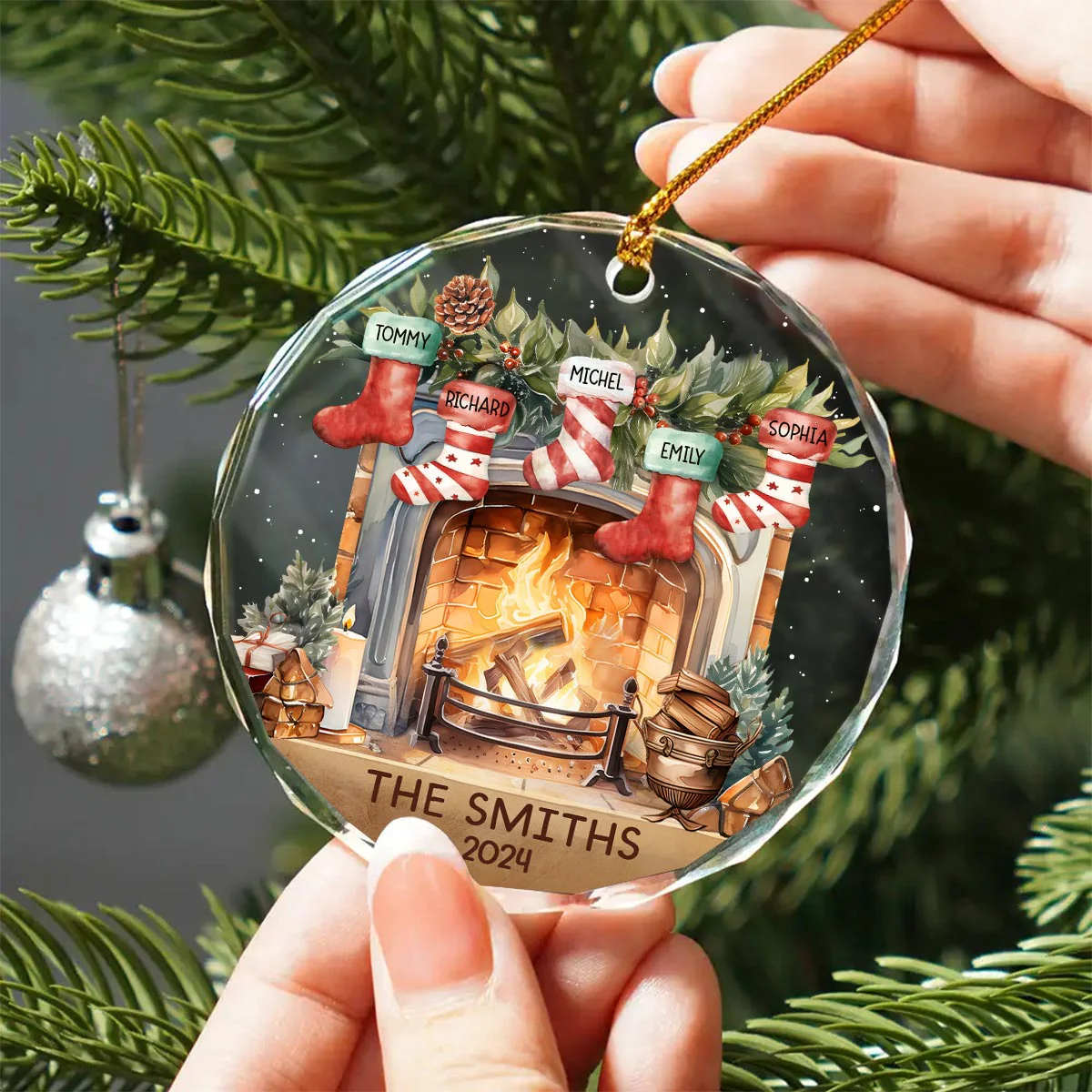 Vintage Christmas Stockings Fireplace Family Names Personalized Glass Ornament, Christmas Gift For Family - Image 3