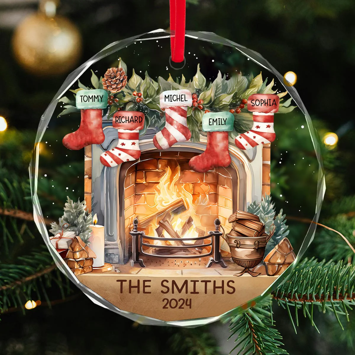Vintage Christmas Stockings Fireplace Family Names Personalized Glass Ornament, Christmas Gift For Family - Image 4