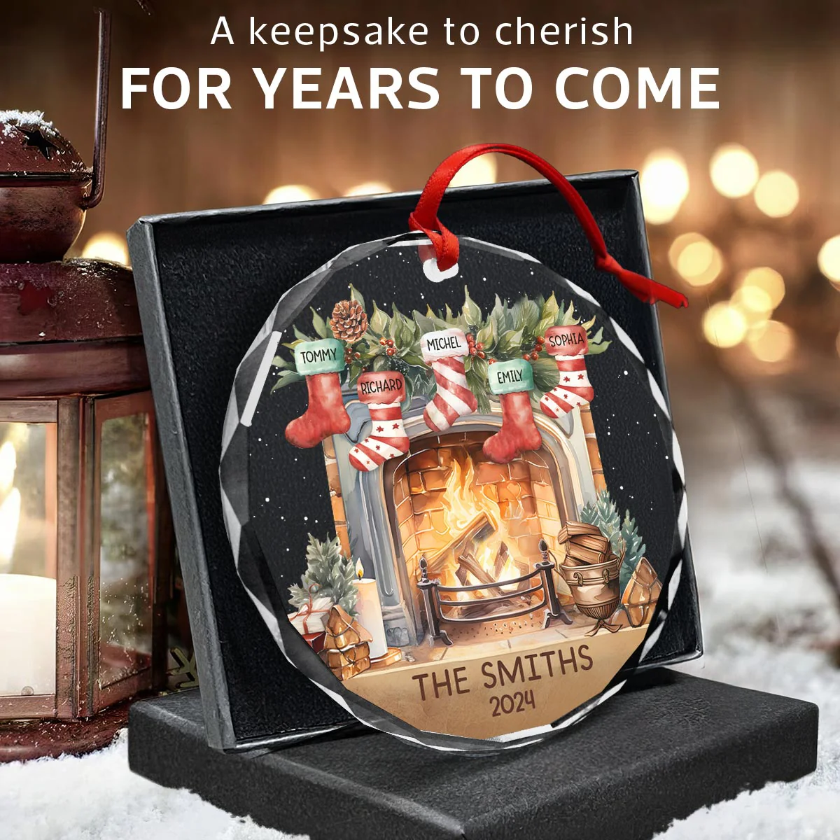 Vintage Christmas Stockings Fireplace Family Names Personalized Glass Ornament, Christmas Gift For Family - Image 7
